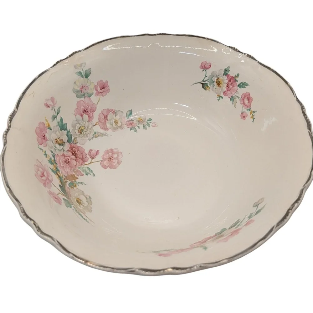 Vintage Homer Laughlin‎ Serving Bowl Roses Platinum Trim 1941 West Virginia SEE